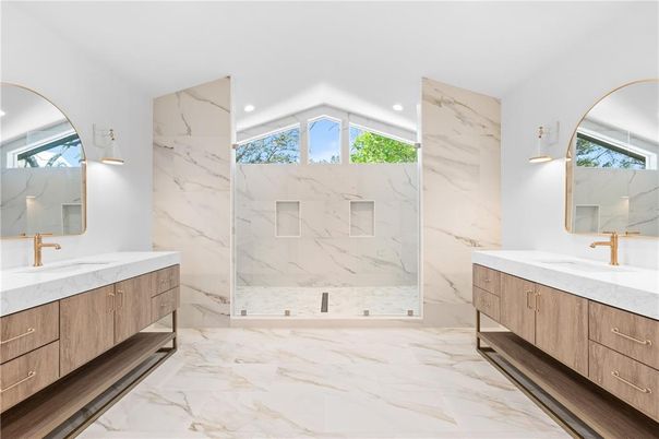 Bathroom, Dual Sink Vanities, Interior, Marble, Marble Walls, Recessed Lighting