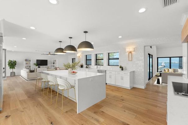Interior, Kitchen, Living room, Pendant Lights, Recessed Lighting, Wood Texture Flooring