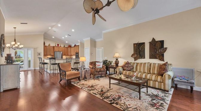 Chandelier, Dining room, Interior, Kitchen, Living room, Recessed Lighting, Stainless Steel Appliances, Wood Texture Flooring