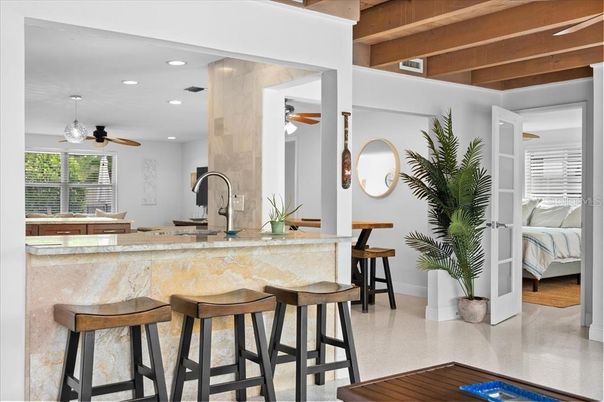 Bedroom, Interior, Kitchen, Recessed Lighting, Wooden Beams, Wooden Ceilings, Wood Texture Flooring