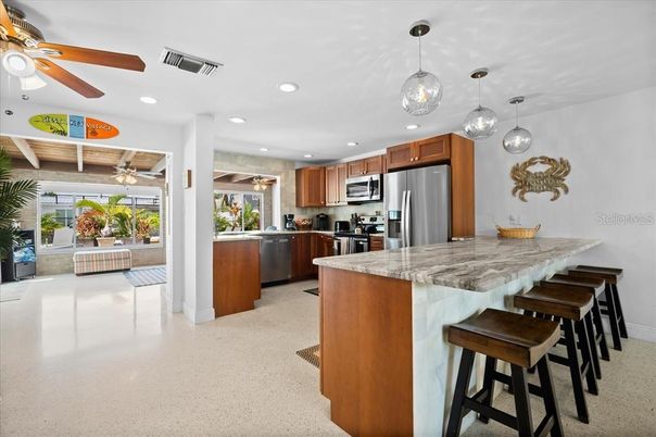 Interior, Kitchen, Pendant Lights, Recessed Lighting, Stainless Steel Appliances, Wooden Ceilings