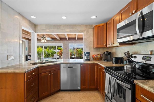 Interior, Kitchen, Recessed Lighting, Stainless Steel Appliances, Wooden Beams, Wooden Ceilings
