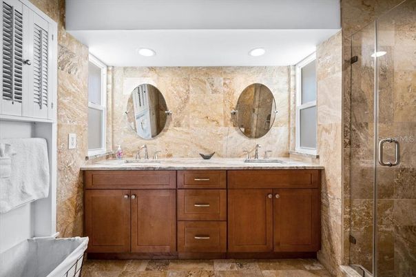 Bathroom, Dual Sink Vanities, Glass Shower, Interior, Recessed Lighting