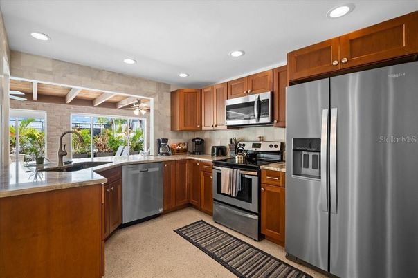 Interior, Kitchen, Recessed Lighting, Stainless Steel Appliances, Stone Walls, Wooden Beams, Wooden Ceilings