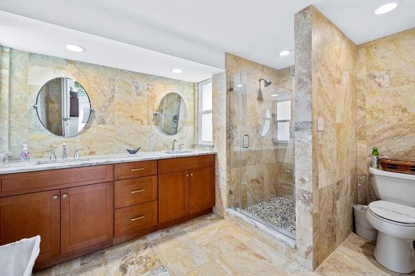 Bathroom, Dual Sink Vanities, Glass Shower, Interior, Recessed Lighting