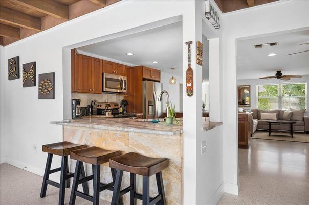 Interior, Kitchen, Living room, Pendant Lights, Recessed Lighting, Stainless Steel Appliances, Wooden Beams, Wooden Ceilings