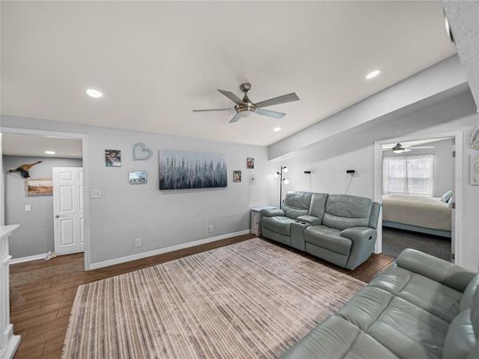 Bedroom, Interior, Living room, Recessed Lighting, Wood Texture Flooring