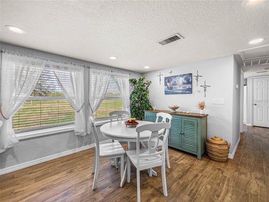 Dining room, Interior, Recessed Lighting, Wood Texture Flooring