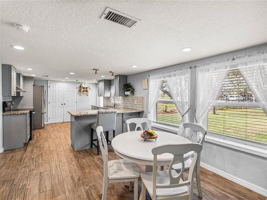 Dining room, Interior, Kitchen, Recessed Lighting, Wood Texture Flooring