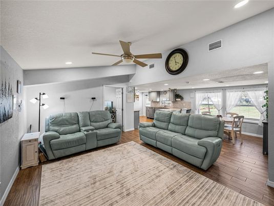 Dining room, Interior, Kitchen, Living room, Recessed Lighting, Wood Texture Flooring