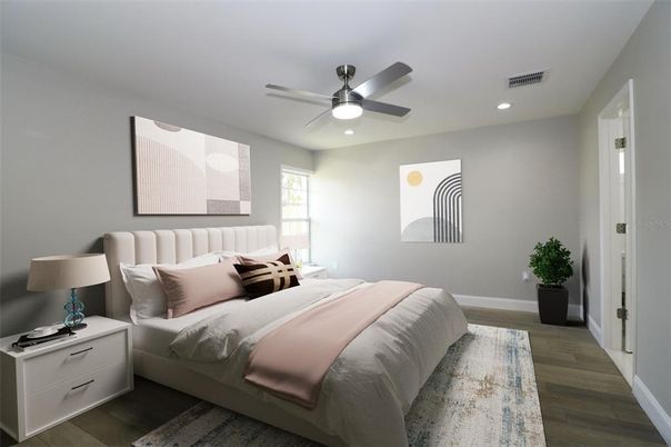 Bedroom, Interior, Recessed Lighting, Wood Texture Flooring