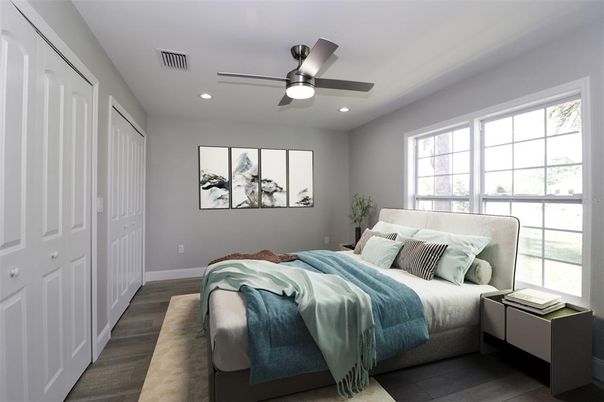 Bedroom, Interior, Recessed Lighting, Wood Texture Flooring