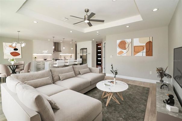 Dining room, Interior, Kitchen, Living room, Pendant Lights, Recessed Lighting, Stainless Steel Appliances, Wood Texture Flooring