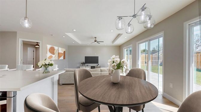 Dining room, Interior, Living room, Pendant Lights, Recessed Lighting, Wood Texture Flooring
