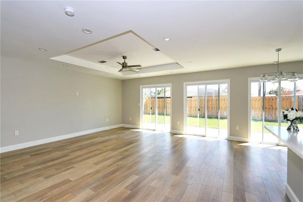 Empty room, Interior, Pendant Lights, Recessed Lighting, Wood Texture Flooring