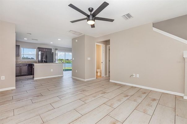 Empty room, Interior, Kitchen, Recessed Lighting, Wood Texture Flooring