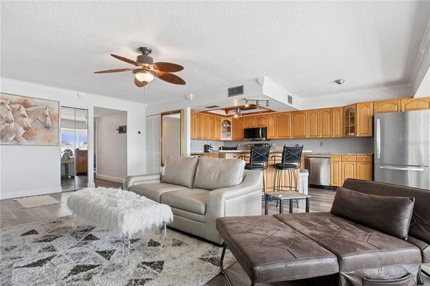 Interior, Kitchen, Living room, Stainless Steel Appliances, Wood Texture Flooring