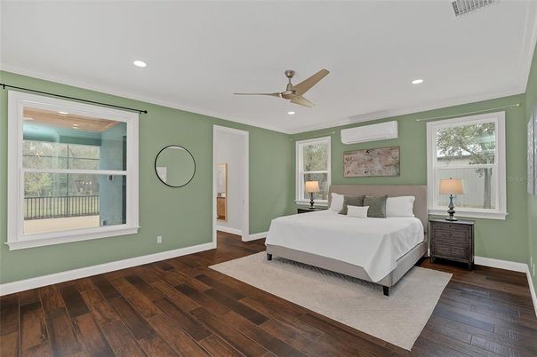 Bedroom, Interior, Recessed Lighting, Wood Texture Flooring