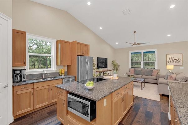 Interior, Kitchen, Living room, Recessed Lighting, Stainless Steel Appliances, Wood Texture Flooring
