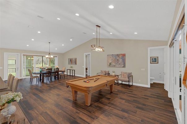 Billiard Table, Dining room, Game Room, Interior, Pendant Lights, Recessed Lighting, Wood Texture Flooring