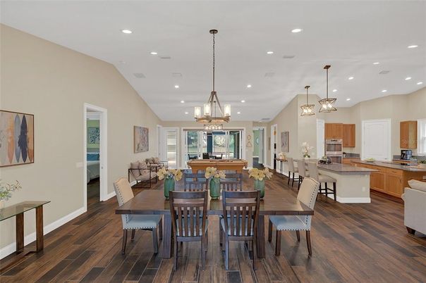 Dining room, Interior, Kitchen, Pendant Lights, Recessed Lighting, Wood Texture Flooring