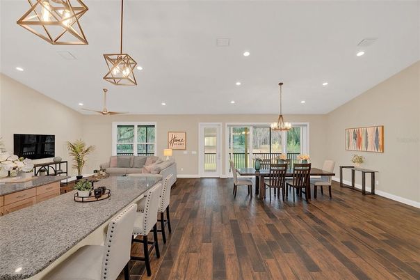 Dining room, Interior, Living room, Pendant Lights, Recessed Lighting, Wood Texture Flooring