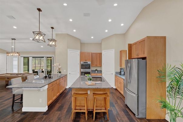 Interior, Kitchen, Pendant Lights, Recessed Lighting, Stainless Steel Appliances, Wood Texture Flooring
