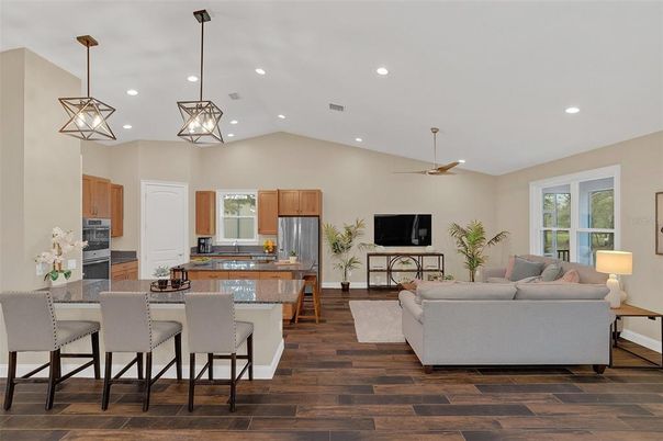 Interior, Kitchen, Living room, Pendant Lights, Recessed Lighting, Stainless Steel Appliances, Wood Texture Flooring