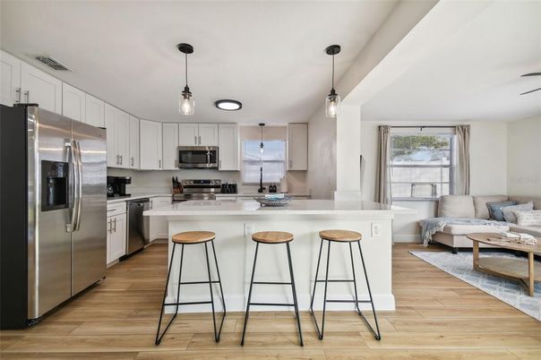 Interior, Kitchen, Living room, Pendant Lights, Stainless Steel Appliances, Wood Texture Flooring