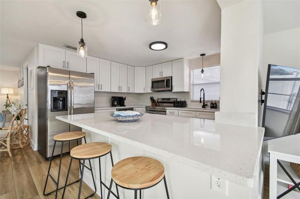 Interior, Kitchen, Pendant Lights, Stainless Steel Appliances, Wood Texture Flooring