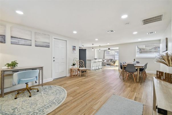 Dining room, Interior, Pendant Lights, Recessed Lighting, Wood Texture Flooring