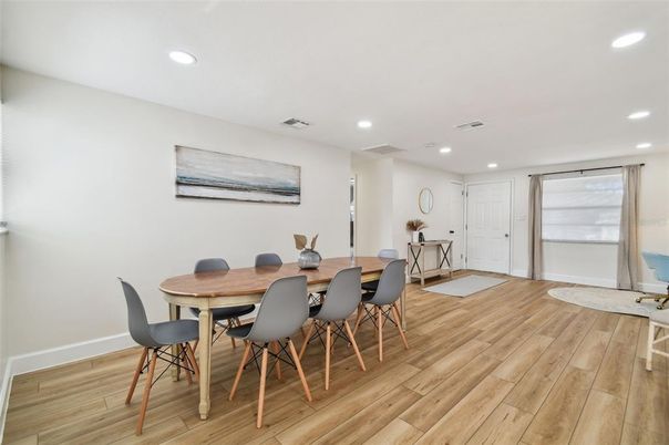 Dining room, Interior, Recessed Lighting, Wood Texture Flooring