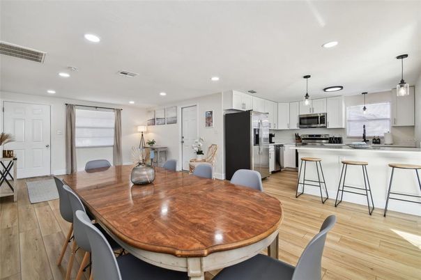 Dining room, Interior, Kitchen, Pendant Lights, Recessed Lighting, Stainless Steel Appliances, Wood Texture Flooring