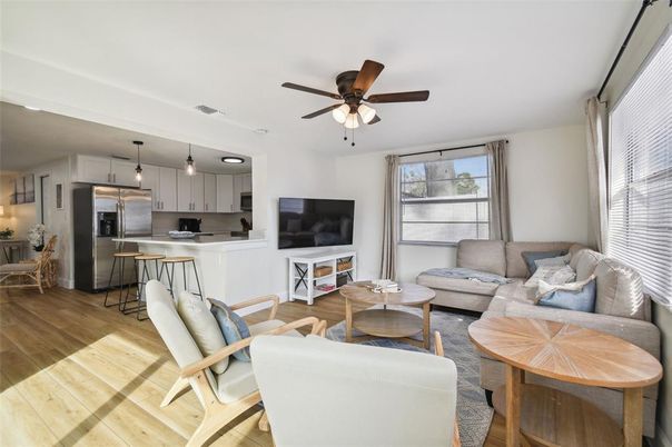 Interior, Kitchen, Living room, Pendant Lights, Stainless Steel Appliances, Wood Texture Flooring