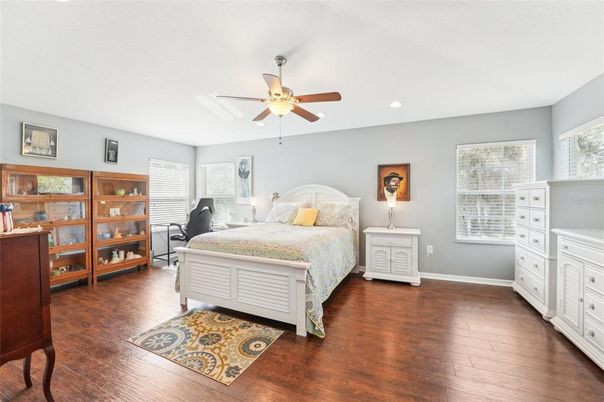 Bedroom, Interior, Recessed Lighting, Wood Texture Flooring