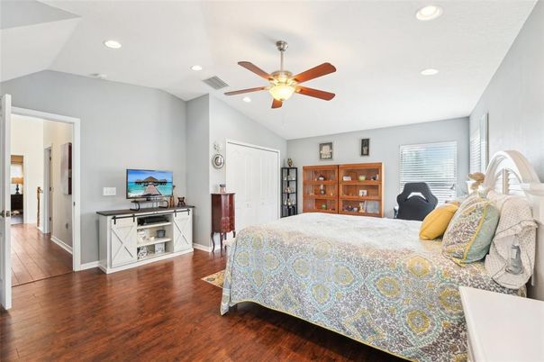 Bedroom, Interior, Recessed Lighting, Wood Texture Flooring