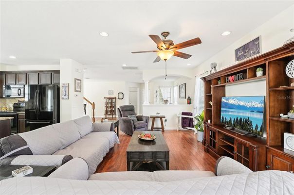 Interior, Kitchen, Living room, Recessed Lighting, Stainless Steel Appliances, Wood Texture Flooring