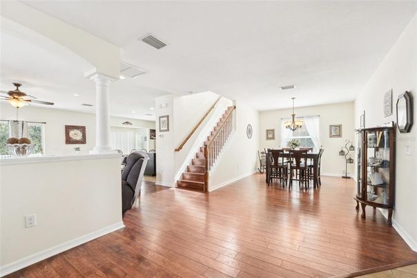 Chandelier, Dining room, Interior, Recessed Lighting, Wood Texture Flooring