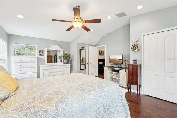 Bedroom, Interior, Recessed Lighting, Wood Texture Flooring