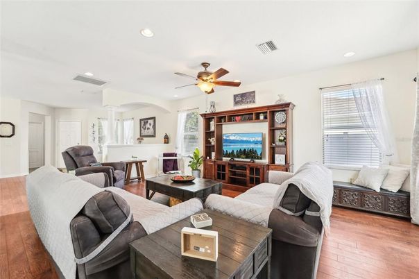 Fireplace, Interior, Living room, Recessed Lighting, Wood Texture Flooring