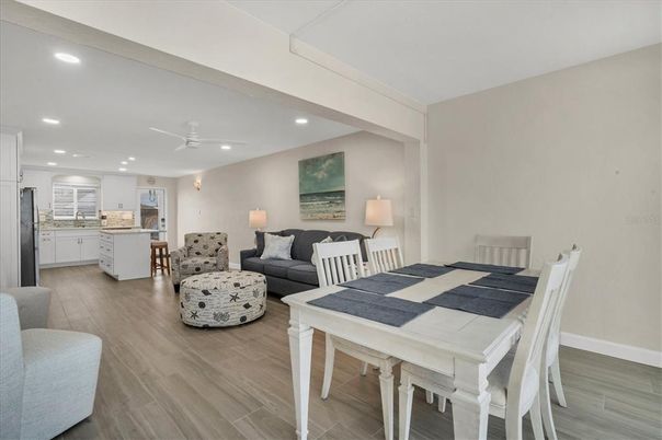 Dining room, Interior, Kitchen, Living room, Recessed Lighting, Wood Texture Flooring