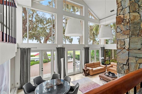 Dining room, Interior, Living room, Pendant Lights, Stone Walls, Sun Room