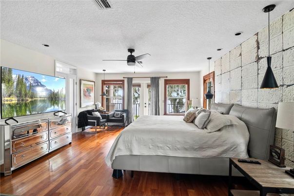 Bedroom, Fireplace, Interior, Pendant Lights, Wood Texture Flooring