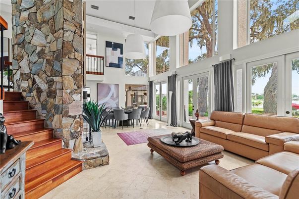 Dining room, Interior, Living room, Pendant Lights, Stone Walls