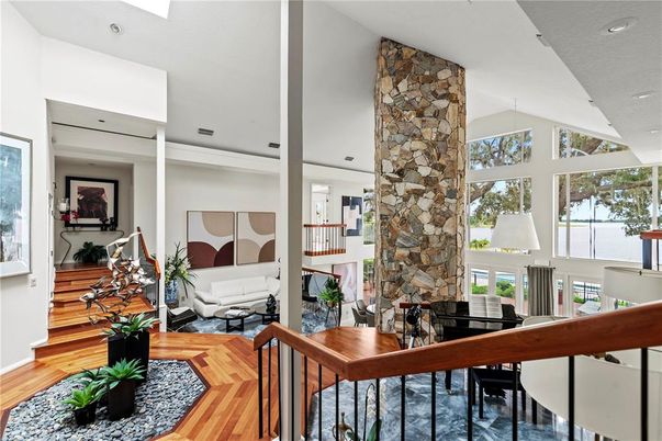 Dining room, Fireplace, Interior, Living room, Recessed Lighting, Stone Walls