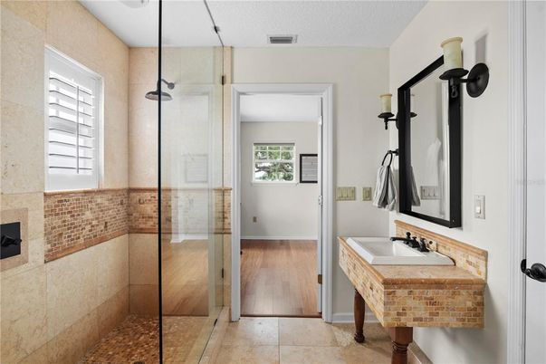 Bathroom, Glass Shower, Interior, Wood Texture Flooring