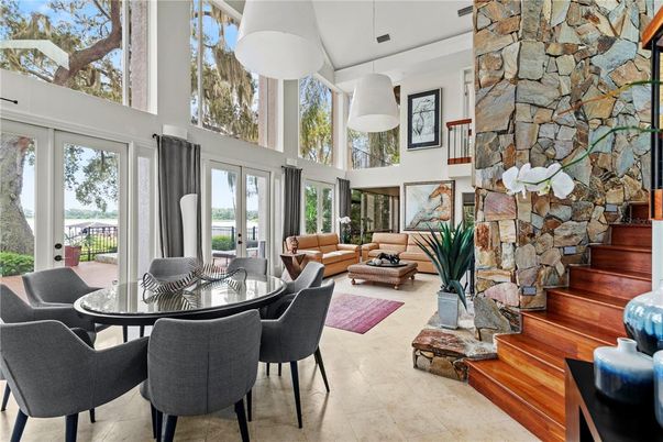 Dining room, Interior, Living room, Pendant Lights, Stone Walls