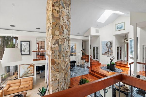 Fireplace, Interior, Living room, Pendant Lights, Stone Walls, Wood Texture Flooring