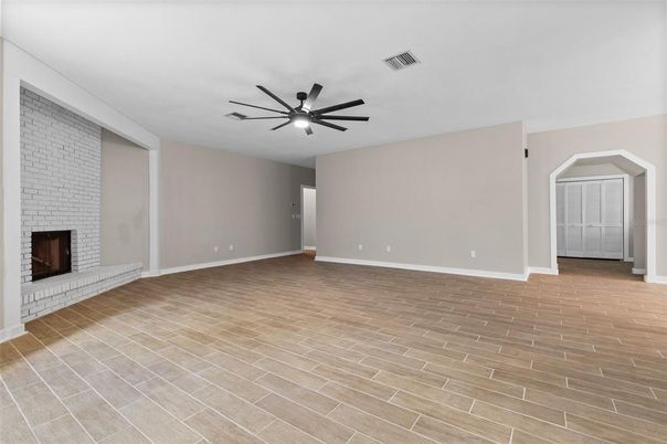 Empty room, Fireplace, Interior, Stone Walls, Wood Texture Flooring