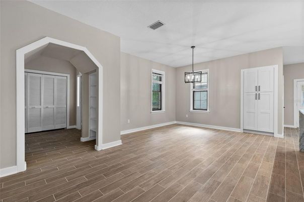 Empty room, Interior, Pendant Lights, Wood Texture Flooring